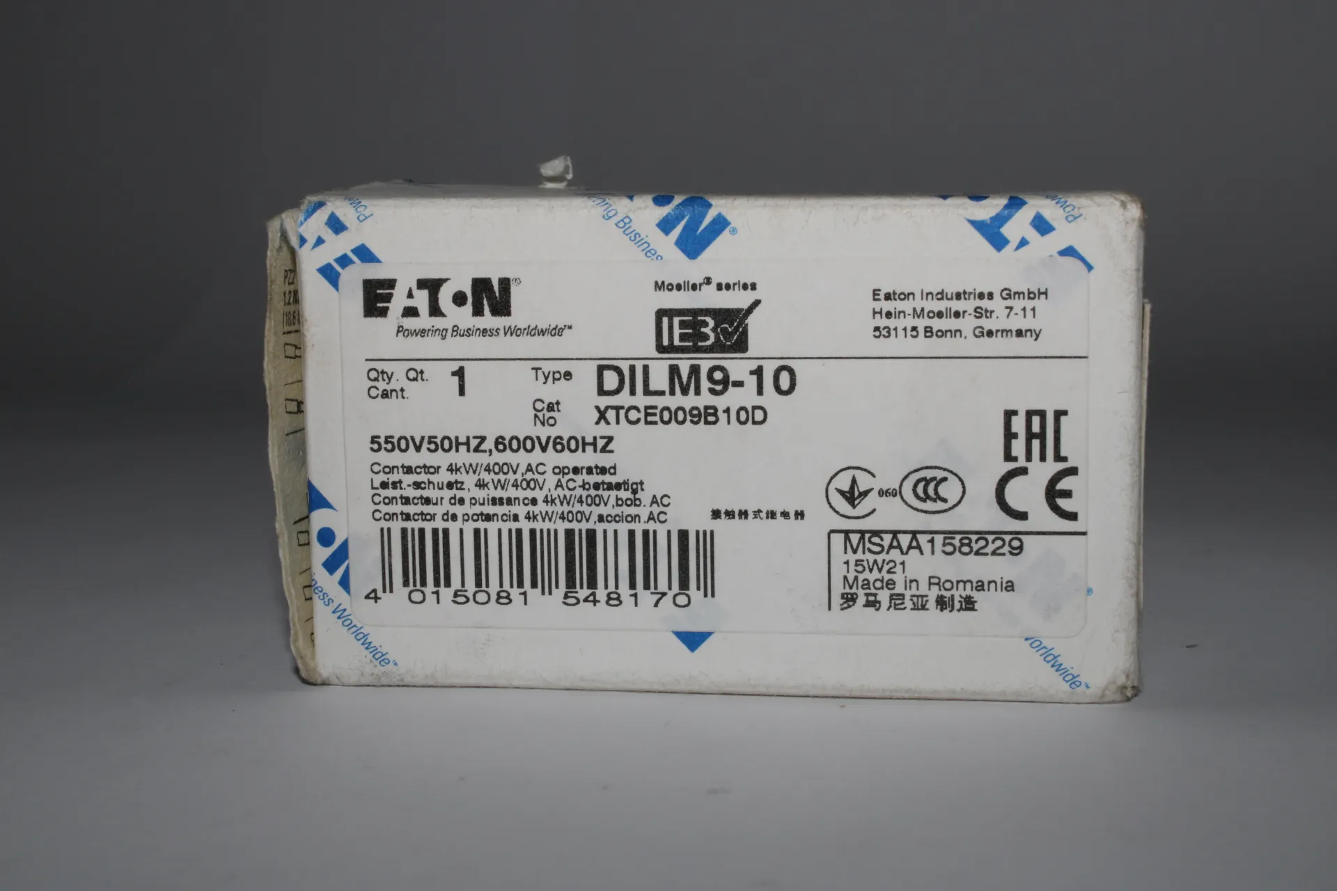 [26B] Eaton XTCE009B10D XT IEC Contactor 9A